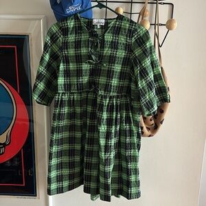 Ganni Green Plaid Mini Dress